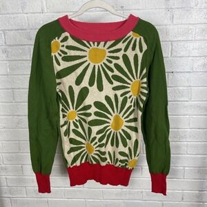 OXKNIT Daisy Floral Knit Sweater Womens Size S Green Red Retro Statement